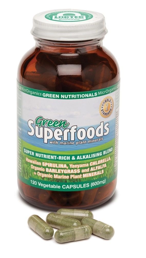 Organic Chlorella Spirulina Barley Grass Wheatgrass Green Superfoods 120 Capsule